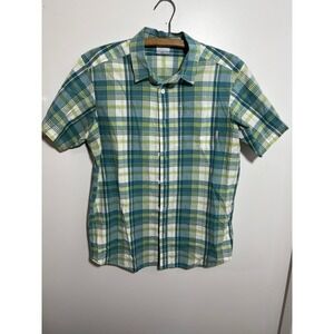 Columbia Mens Short Sleeve Plaid Button Down Shirt Green Teal White Size M